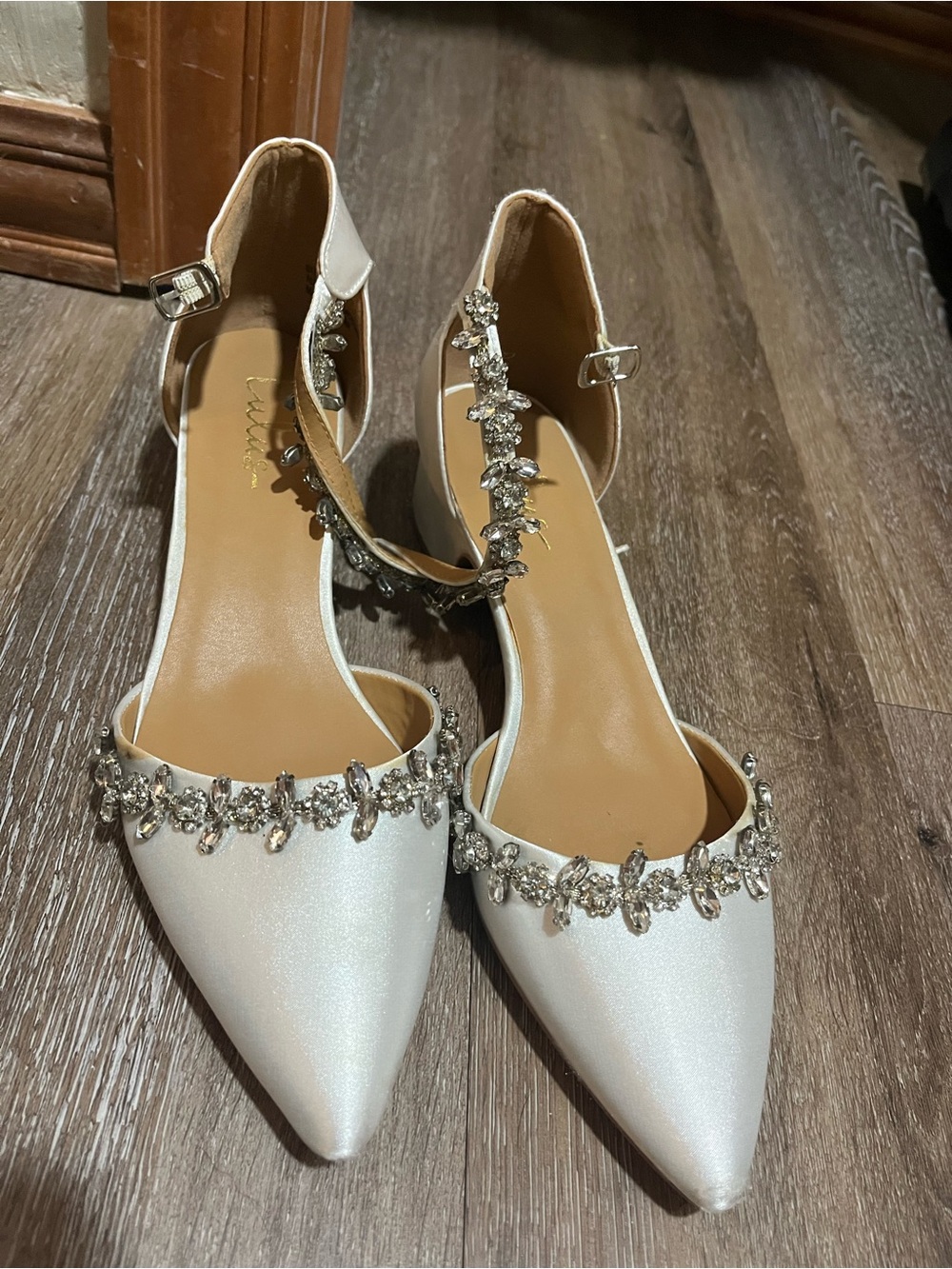 Lulu's Ivory White Crystal-Embellished Pointed-Toe Ankle-Strap Heels